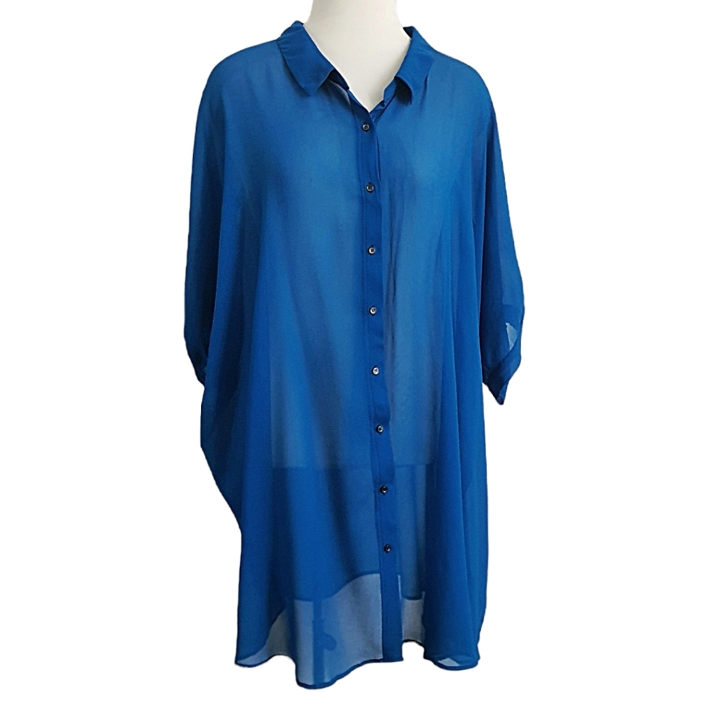 Verge NZ Short Sleeve Sheer Blue Button Down Long Blouse Size XXL - Picture 1 of 12